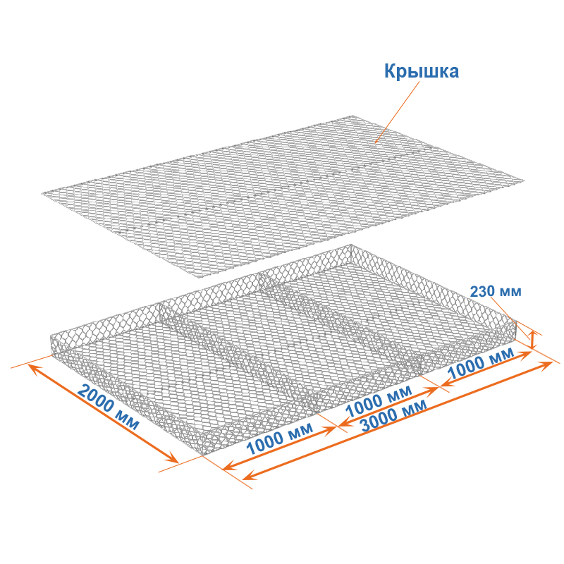 Габион матрац ГСИ-М 3х2х0,23 оцинкованный, Ø проволоки 2,4 мм, размер ячейки 6х8 см фото
